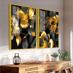 Beautiful Golden Flower Premium Acrylic Floating Wall Painting Set Of 2