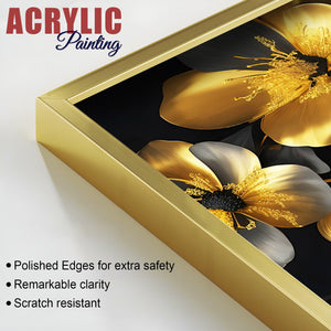 Beautiful Golden Flower Premium Acrylic Floating Wall Painting Set Of 2