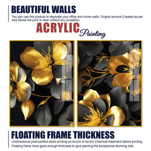 Beautiful Golden Flower Premium Acrylic Floating Wall Painting Set Of 2