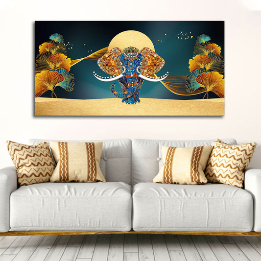 Beautiful Golden Flowers with Elephant Premium Canvas Wall Painting