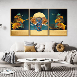 Beautiful Golden Flowers with Elephant Premium Floating Canvas Wall Painting Set of Three