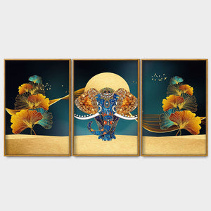 Beautiful Golden Flowers with Elephant Premium Floating Canvas Wall Painting Set of Three