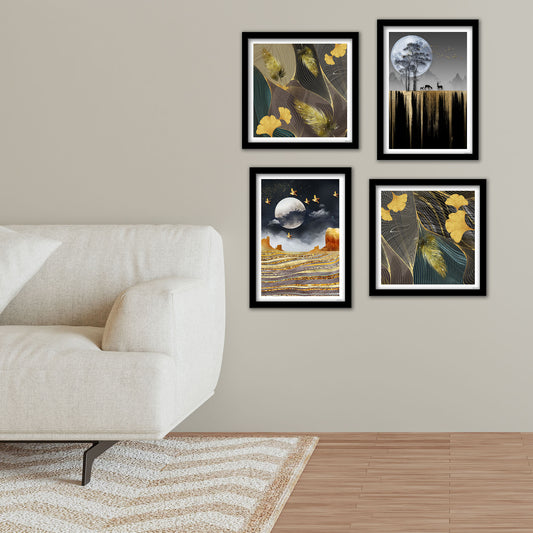 Beautiful Golden Ginkgo Leaf Art Wall Frame Set of Four