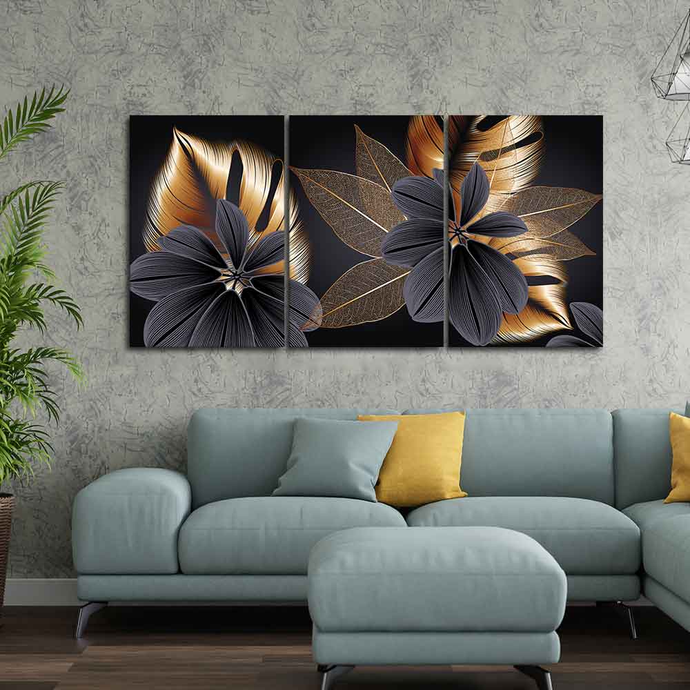 Beautiful Golden Leaf Flower Canvas Wall Painting 3 Pieces