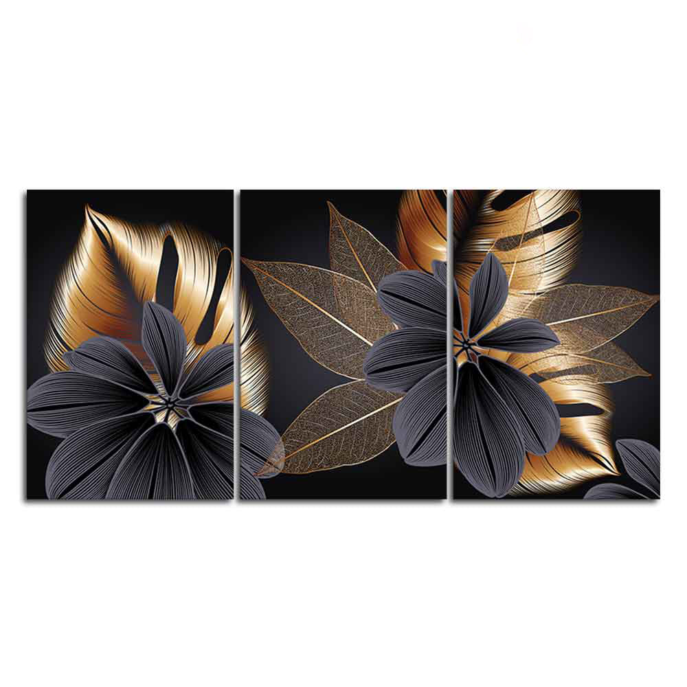 Beautiful Golden Leaf Flower Canvas Wall Painting 3 Pieces