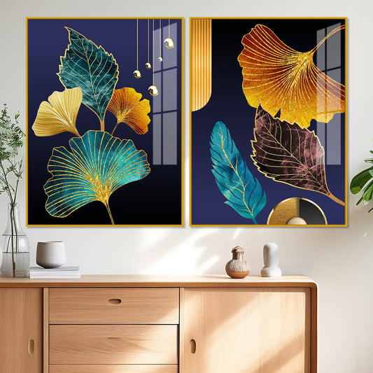 Beautiful Golden Leaves Acrylic Floating Wall Painting Set of 2