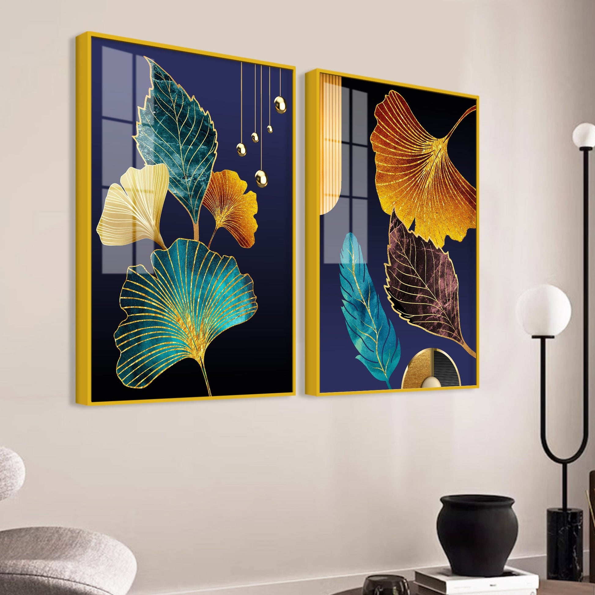 Beautiful Golden Leaves Acrylic Floating Wall Painting Set of 2