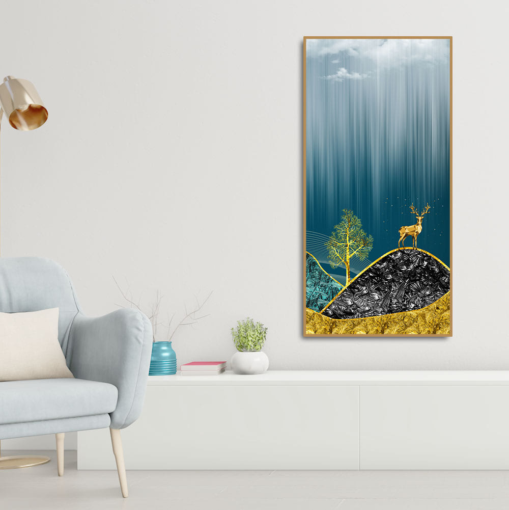 Beautiful Golden Mountains and Deer with Moon Canvas Wall Painting