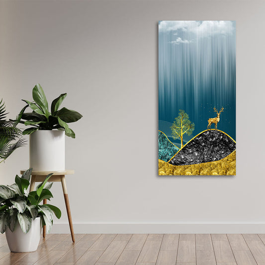 Beautiful Golden Mountains and Deer with Moon Canvas Wall Painting