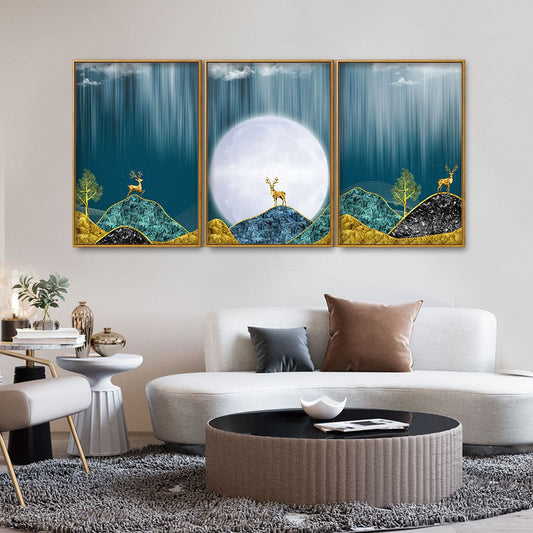 Beautiful Golden Mountains and Deer with Moon Floating Canvas Wall Painting Set of Three