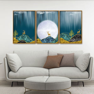 Beautiful Golden Mountains and Deer with Moon Floating Canvas Wall Painting Set of Three