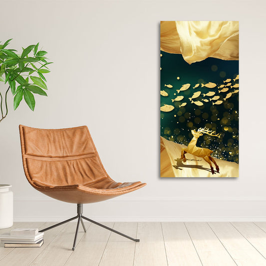 Beautiful Golden Running Deer with Fish Premium Canvas Wall Painting