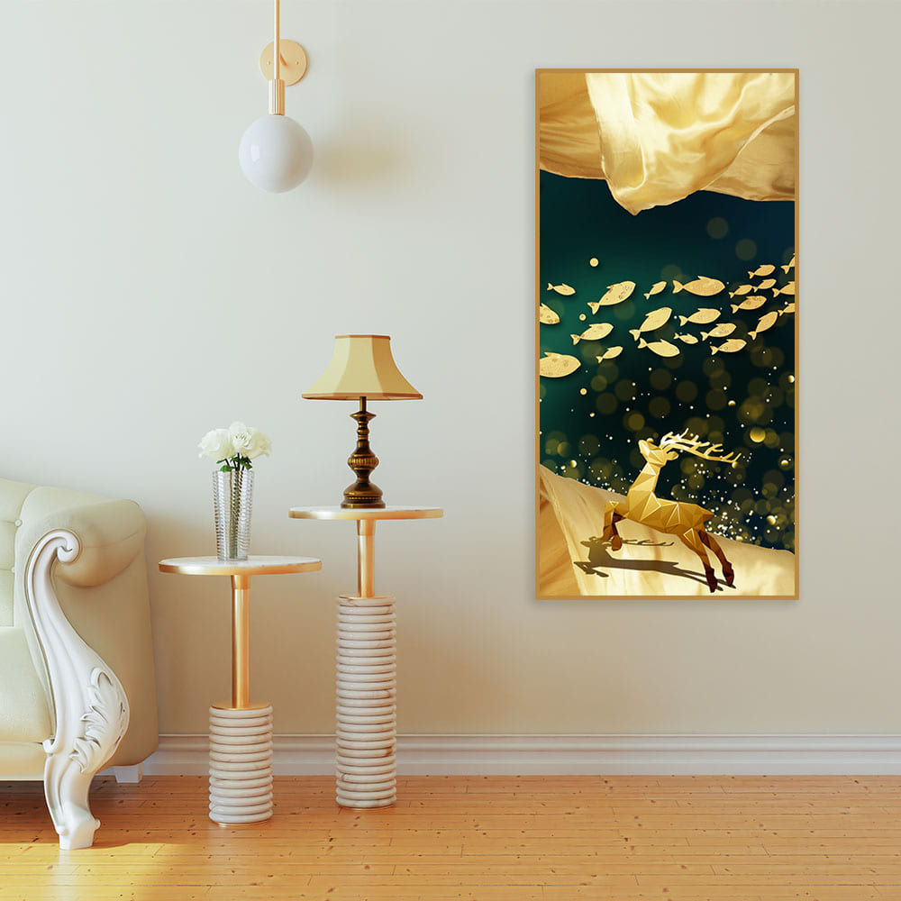 Beautiful Golden Running Deer with Fish Premium Canvas Wall Painting