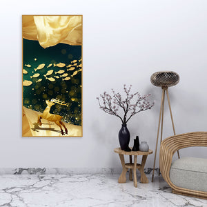 Beautiful Golden Running Deer with Fish Premium Canvas Wall Painting