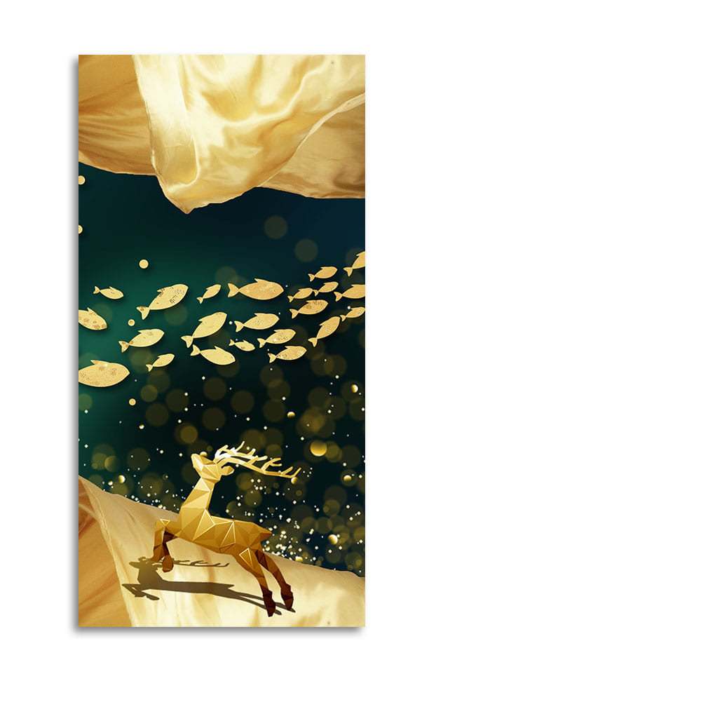 Beautiful Golden Running Deer with Fish Premium Canvas Wall Painting