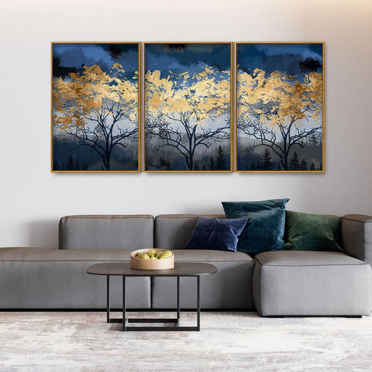 Beautiful Golden Tree Abstract Design Premium Floating Canvas Wall Painting Set of Three