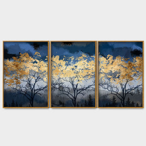 Beautiful Golden Tree Abstract Design Premium Floating Canvas Wall Painting Set of Three