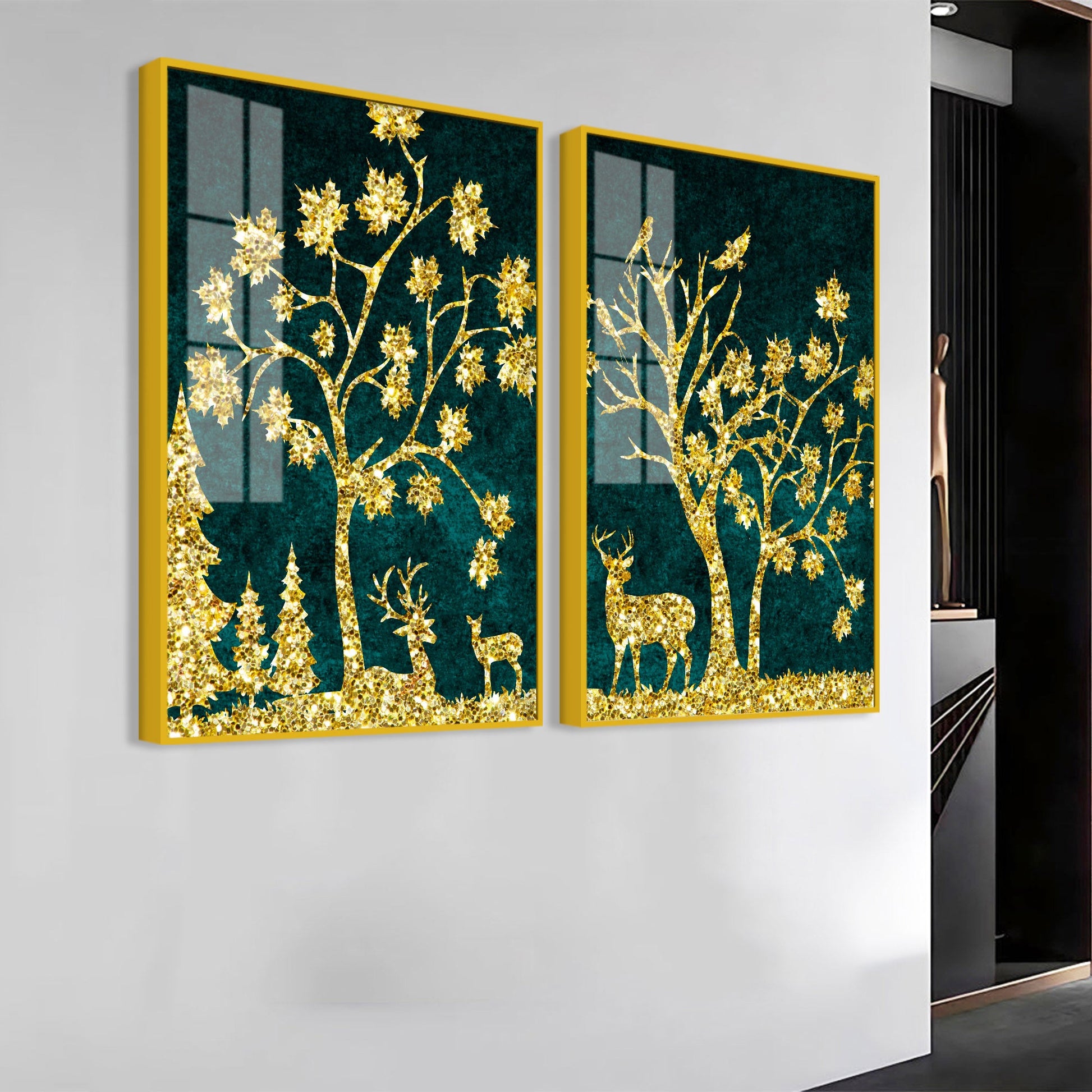 Beautiful Golden Trees with Deer Premium Acrylic Floating Wall Painting Set Of 2