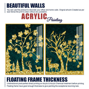 Beautiful Golden Trees with Deer Premium Acrylic Floating Wall Painting Set Of 2