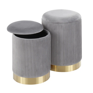 Beautiful Grey Color Velvet Round Storage Ottoman with Storage Set of 2