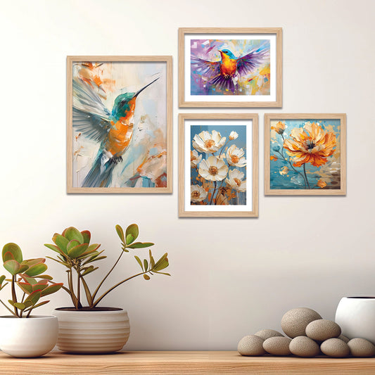 Beautiful Hummingbird Artistic Art Wall Frame Set of Four