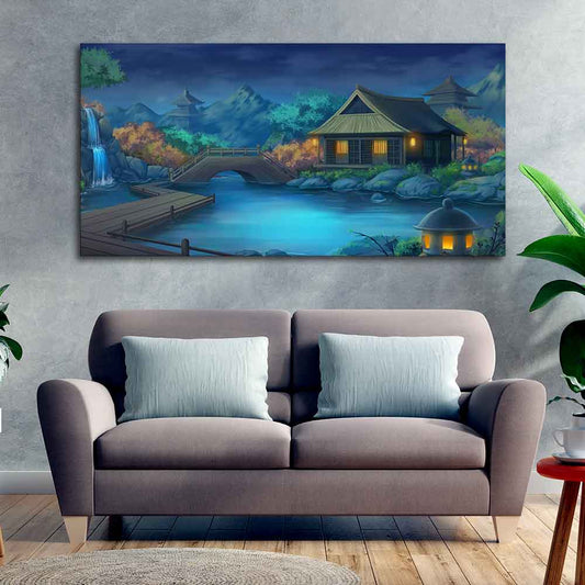 Beautiful Japanese Courtyard at Night Canvas Wall Painting