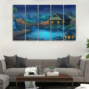 Beautiful Japanese Courtyard at Night Canvas Wall Painting of Five Pieces