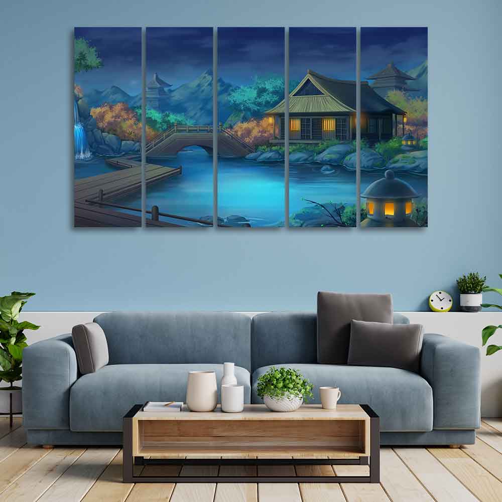 Beautiful Japanese Courtyard at Night Canvas Wall Painting of Five Pieces