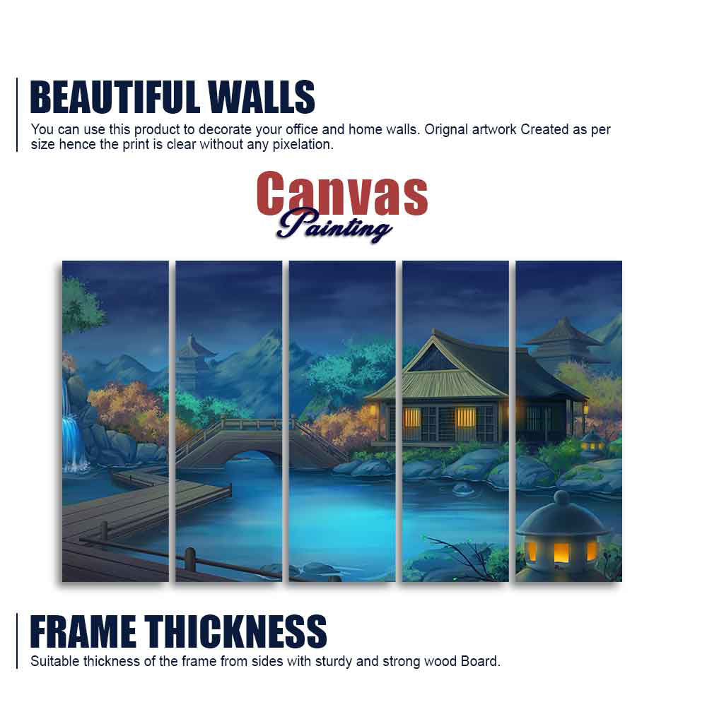 Beautiful Japanese Courtyard at Night Canvas Wall Painting of Five Pieces