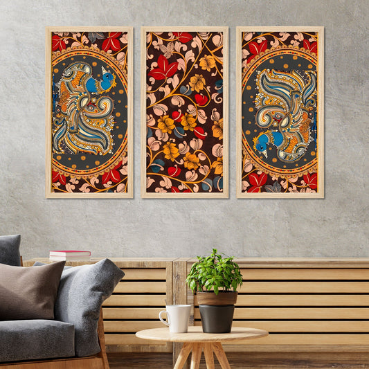 Beautiful Kalamkari Floral Art Wooden Wall Frame Set of Three