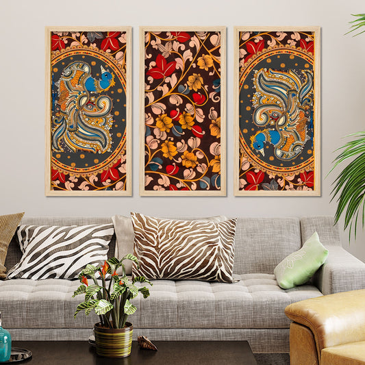 Beautiful Kalamkari Floral Art Wooden Wall Frame Set of Three