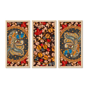 Beautiful Kalamkari Floral Art Wooden Wall Frame Set of Three