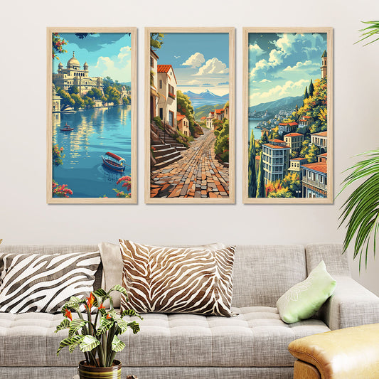 Beautiful Lake Iseo Nature View Wooden Wall Frame Set of Three