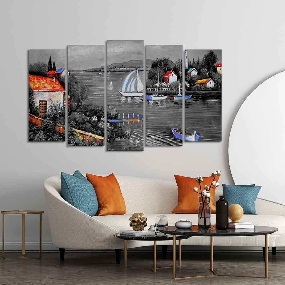 Beautiful Lake View Scenery Canvas Wall Painting Set of Five Pieces