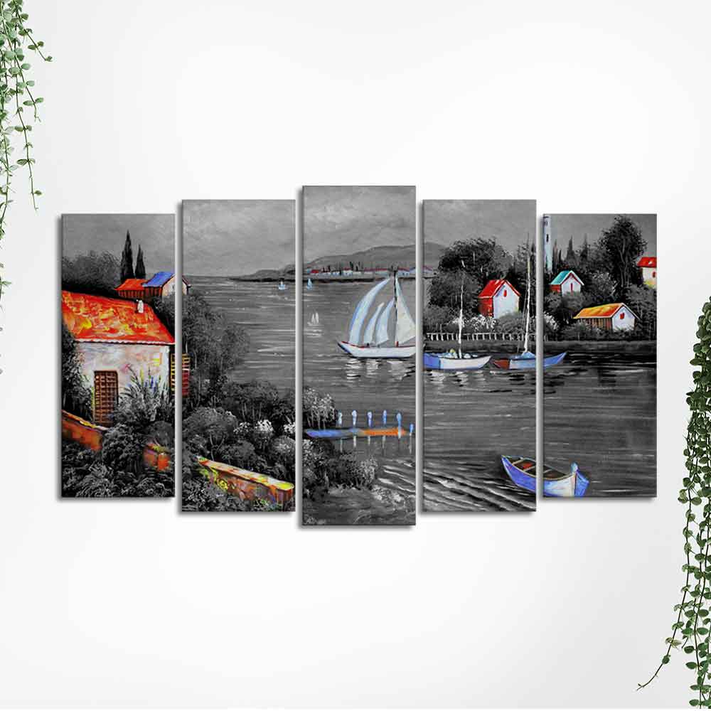 Beautiful Lake View Scenery Canvas Wall Painting Set of Five Pieces