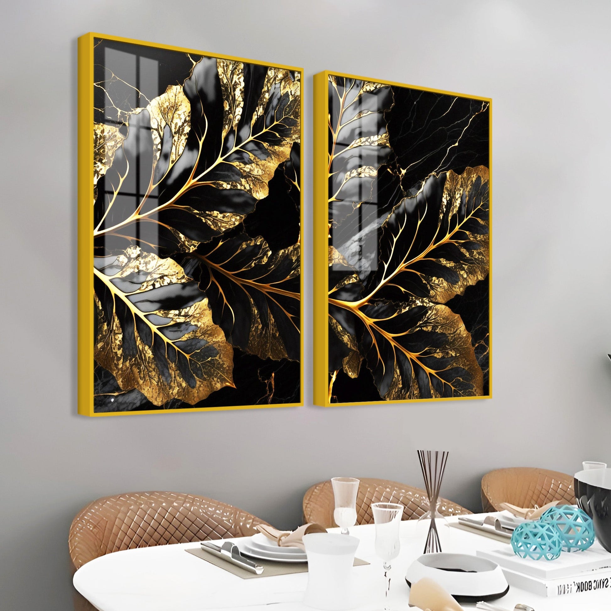 Beautiful Leaf Golden Textural Art Acrylic Floating Wall Painting Set Of 2