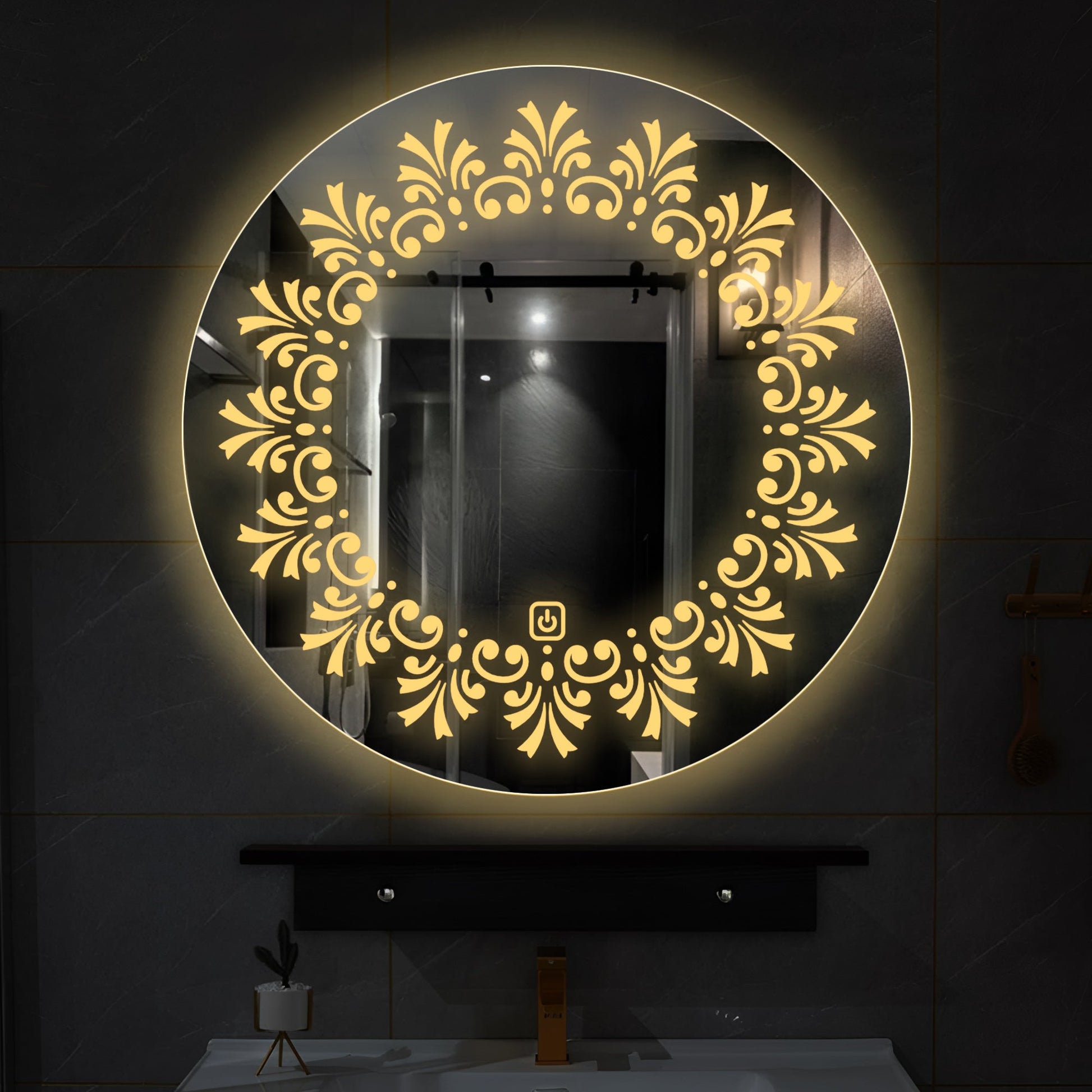 Beautiful Leaf Patten Art LED Rounded Shape Bathroom Wall Mirror