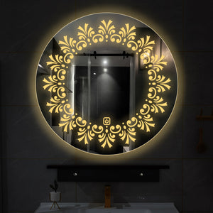 Beautiful Leaf Patten Art LED Rounded Shape Bathroom Wall Mirror