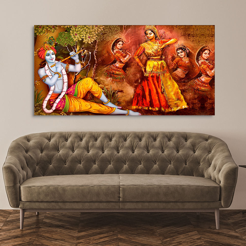 Beautiful Lord Krishna Sitting Under the Tree Premium Canvas Wall Painting