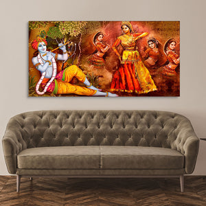 Beautiful Lord Krishna Sitting Under the Tree Premium Canvas Wall Painting