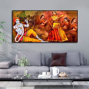 Beautiful Lord Krishna Sitting Under the Tree Premium Canvas Wall Painting