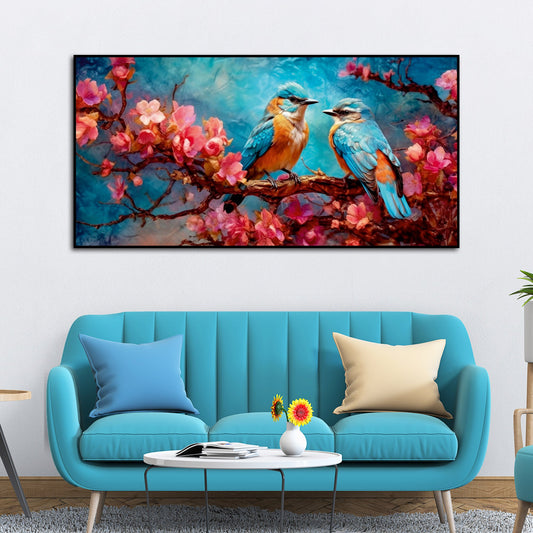 Beautiful Love Birds on a Branch with Pink Flowers Canvas Wall Painting