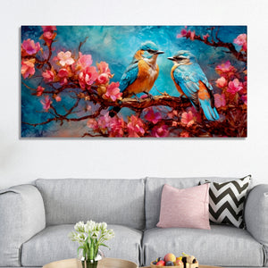 Beautiful Love Birds on a Branch with Pink Flowers Canvas Wall Painting