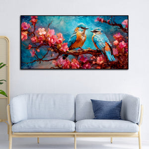 Beautiful Love Birds on a Branch with Pink Flowers Canvas Wall Painting