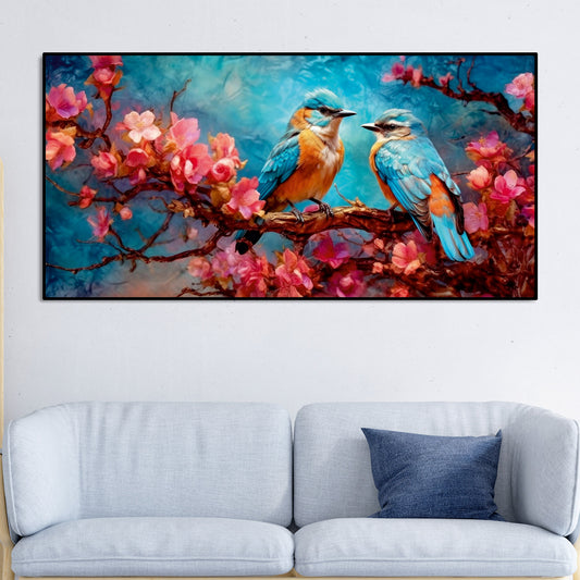 Beautiful Love Birds on a Branch with Pink Flowers Canvas Wall Painting