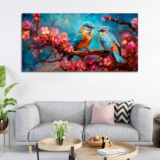 Beautiful Love Birds on a Branch with Pink Flowers Canvas Wall Painting