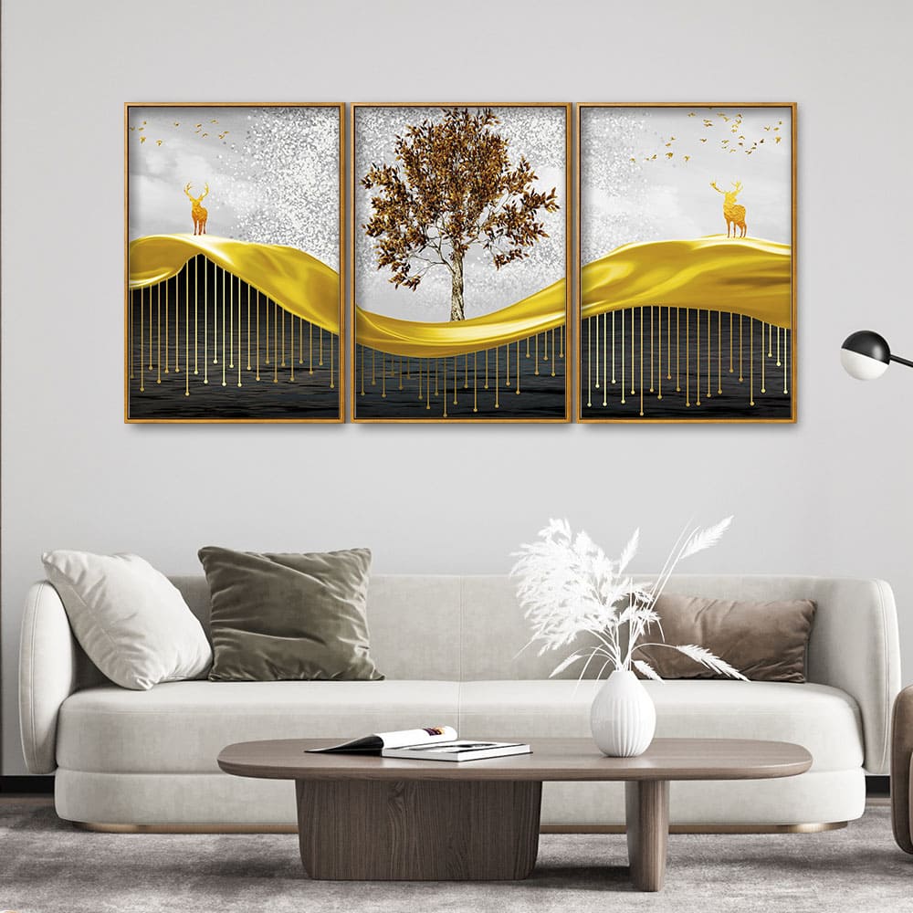 Beautiful Luxury Modern Art of Trees and Deer Floating Canvas Wall Painting Set of Three