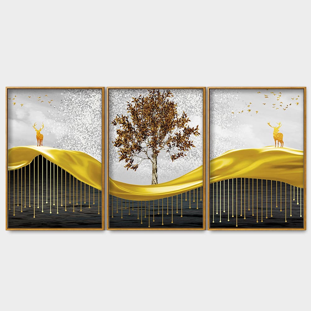 Beautiful Luxury Modern Art of Trees and Deer Floating Canvas Wall Painting Set of Three