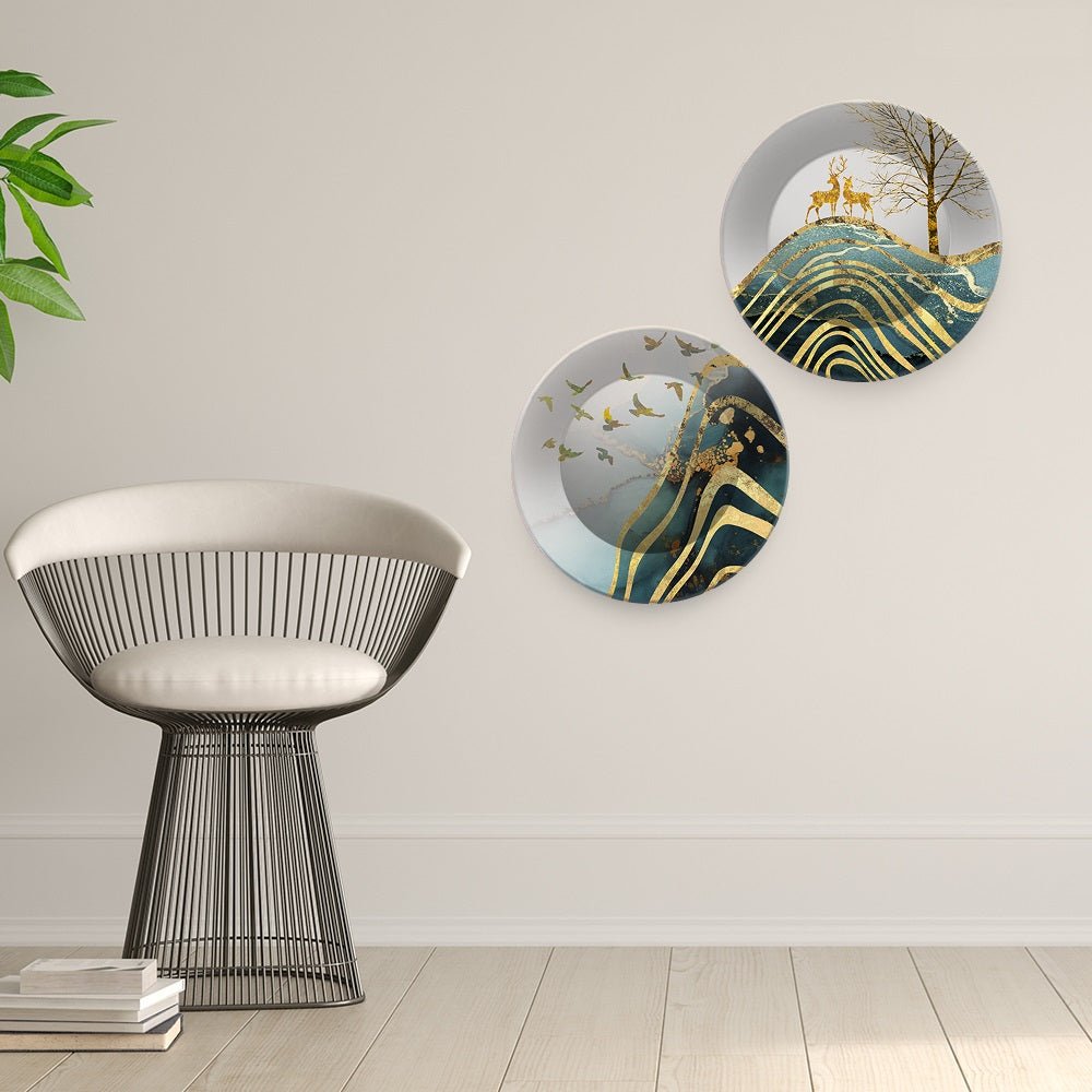 Beautiful Modern Art Scenery with Golden Deer Wall Hanging Plates of Two Pieces