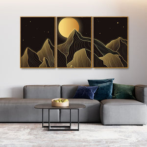 Beautiful Moon and Golden Mountains Floating Canvas Wall Painting Set of Three